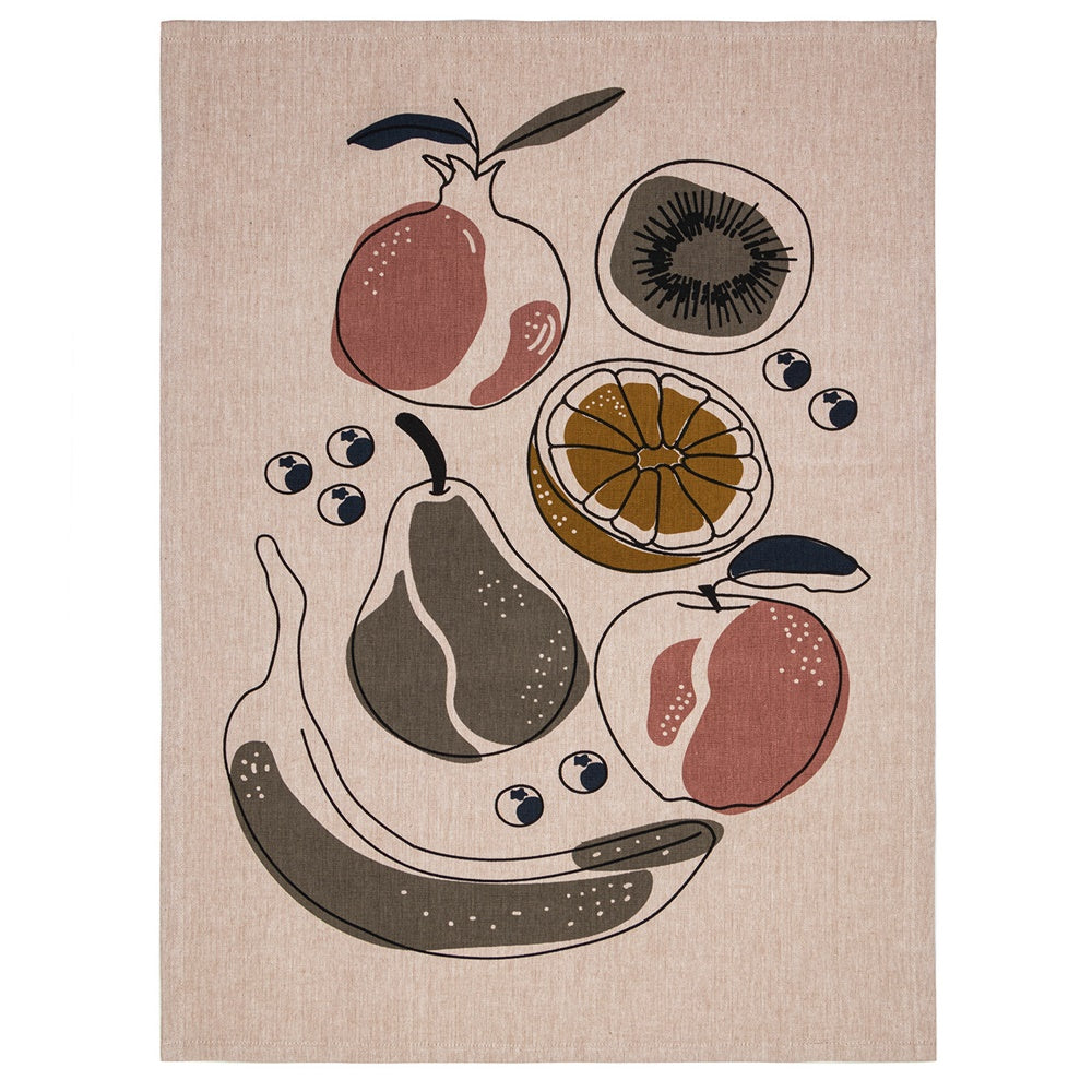 Vibrant Fruit Punch Tea Towel with fruit pattern, 100% cotton, 50 x 70cm, includes hanging loop for easy access.