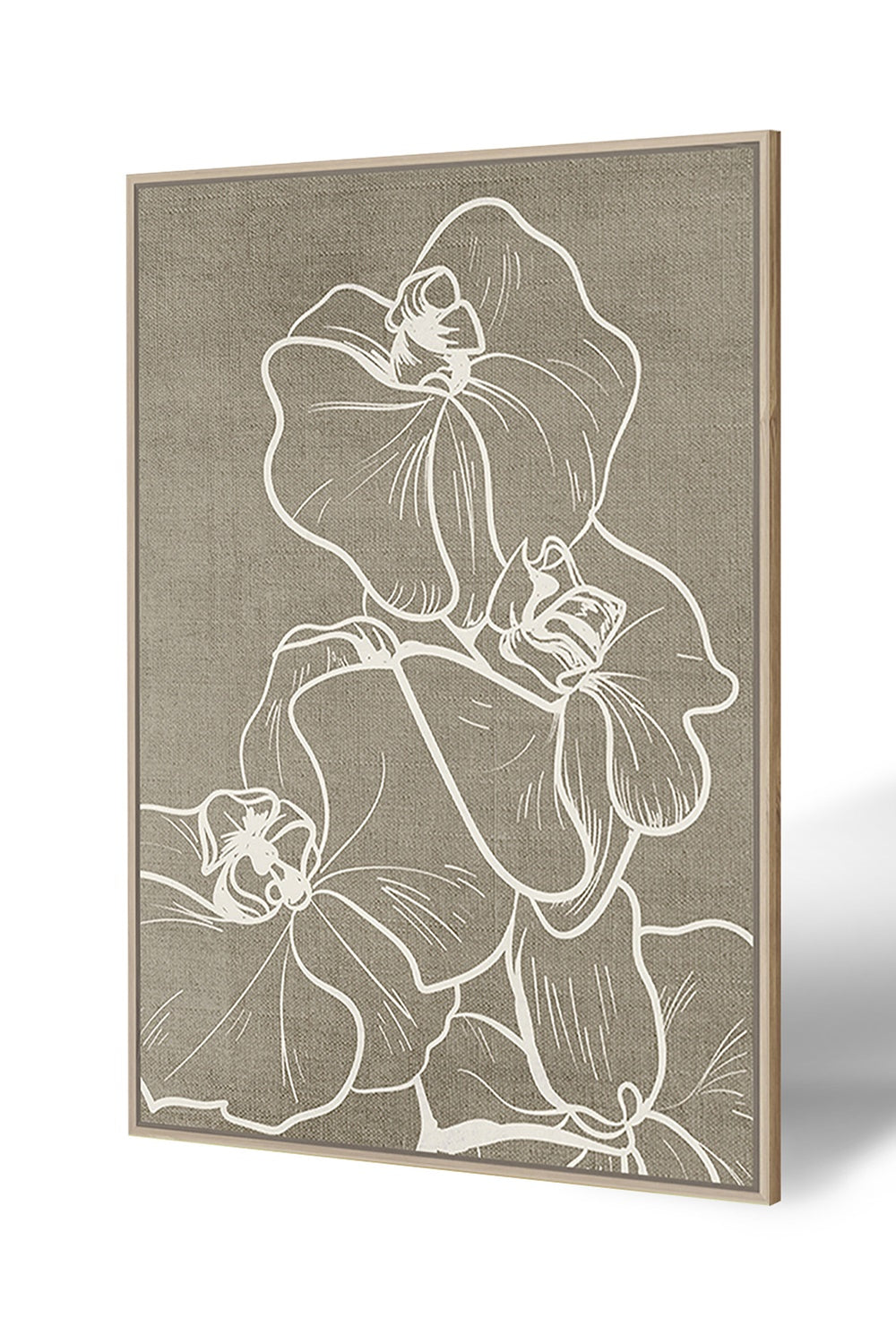 Framed canvas art featuring vintage floral design, natural frame, and dimensions of 630 x 930mm, perfect for home decor.