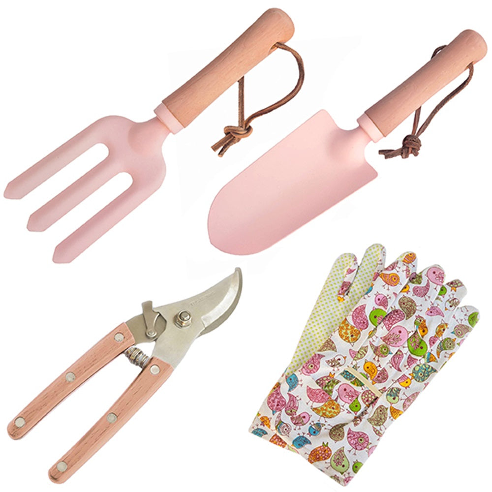 Four-piece pink gardening tool set featuring stainless steel pruner, ash wood handles, and grip-dotted gardening gloves.