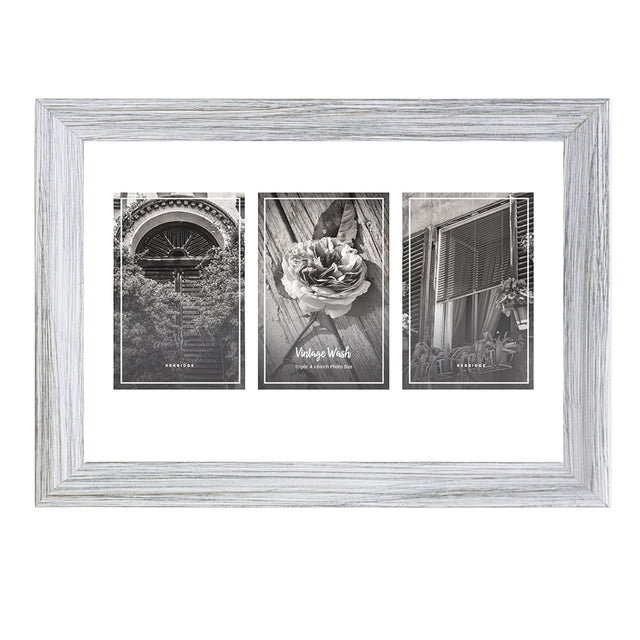 Vintage wash photo frame for three 4x6 photos, featuring a stylish grey finish, perfect for showcasing memories.