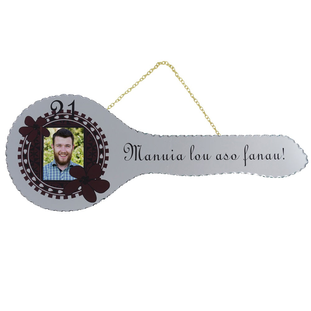 Mirrored key for 21st birthday, with photo space and blank back for signatures from guests.