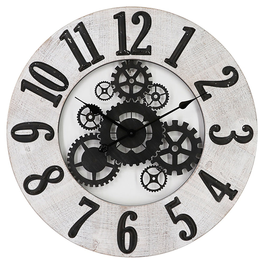 Inside Out Wall Clock with decorative cogs, 68cm diameter, white backing, bold black numerals, perfect for modern decor.