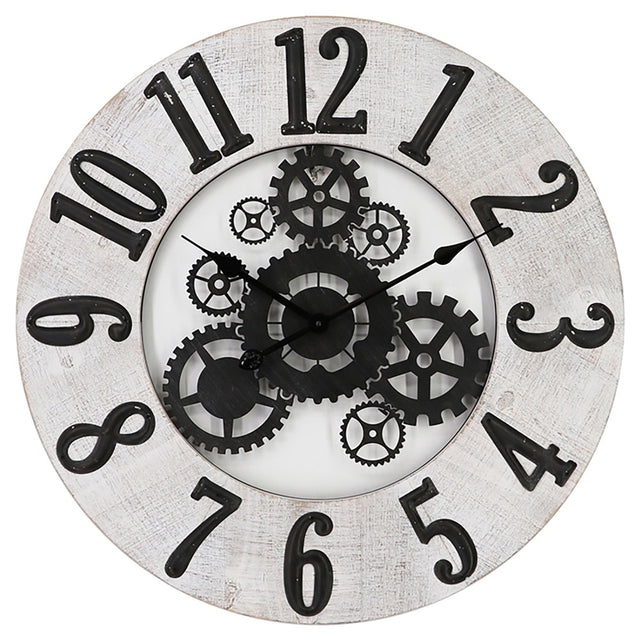 Inside Out Wall Clock with decorative cogs, 68cm diameter, white backing, bold black numerals, perfect for modern decor.