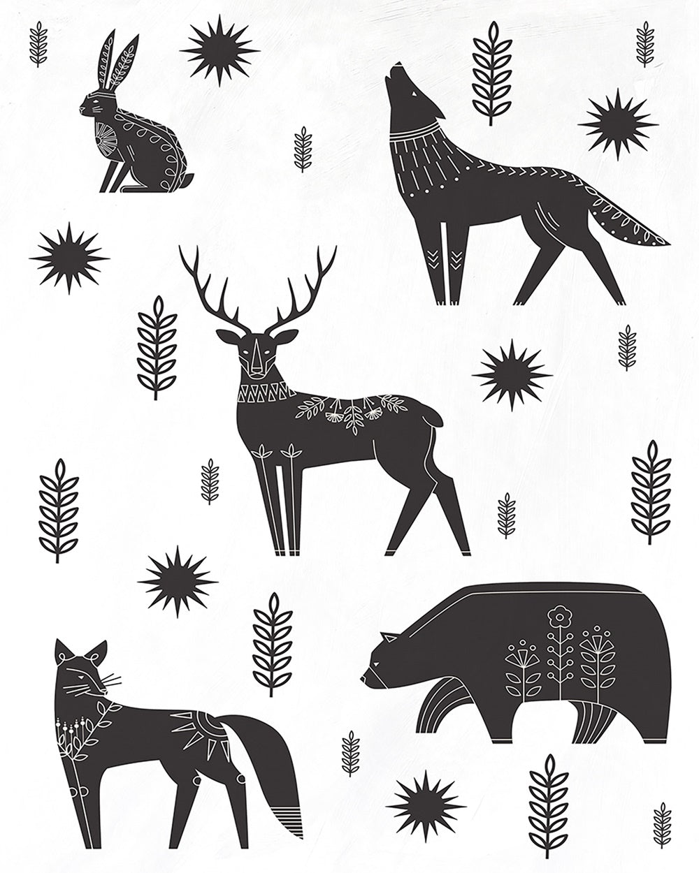 Black and white canvas art featuring adorable Nordic forest animals, perfect for enhancing tranquil home decor.