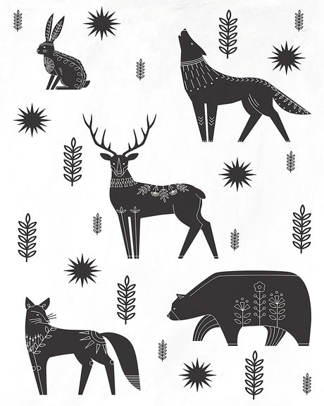 Black and white canvas art featuring adorable Nordic forest animals, perfect for enhancing tranquil home decor.