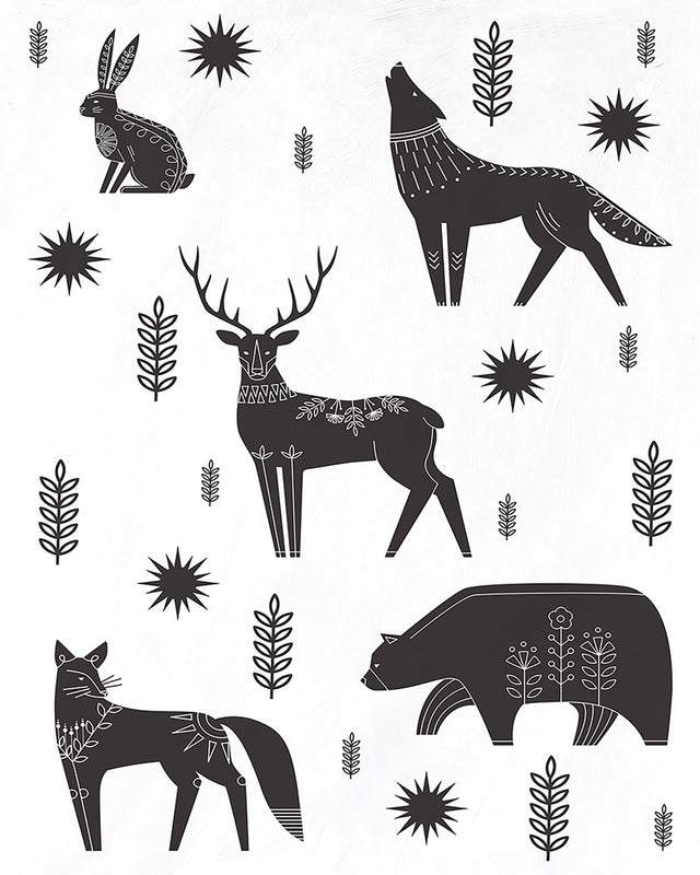 Black and white canvas art featuring adorable Nordic forest animals, perfect for enhancing tranquil home decor.