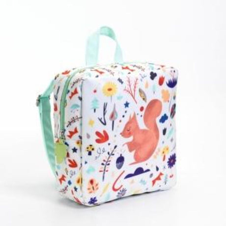 Colorful Djeco Squirrel Backpack for kids, featuring adjustable straps and a spacious interior for adventures and school.