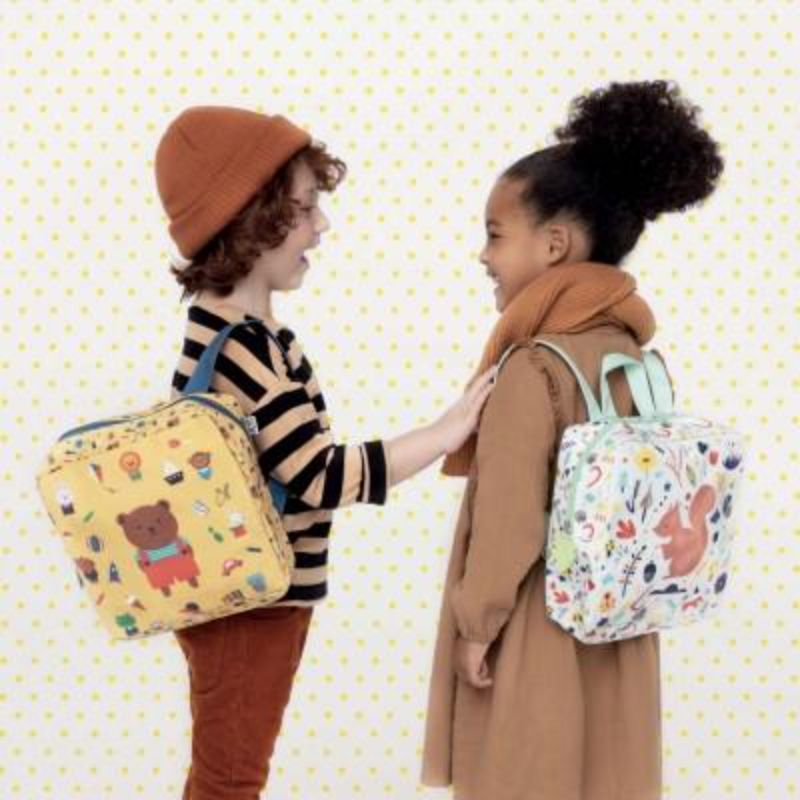 Colorful Djeco Squirrel Backpack featuring vibrant squirrel designs, adjustable straps, and spacious interior for kids' adventures.