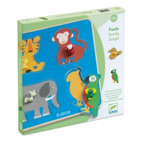 Vibrant 36-piece Djeco Family Jungle Puzzle featuring adorable jungle animals, promoting creativity and fine motor skills for kids.