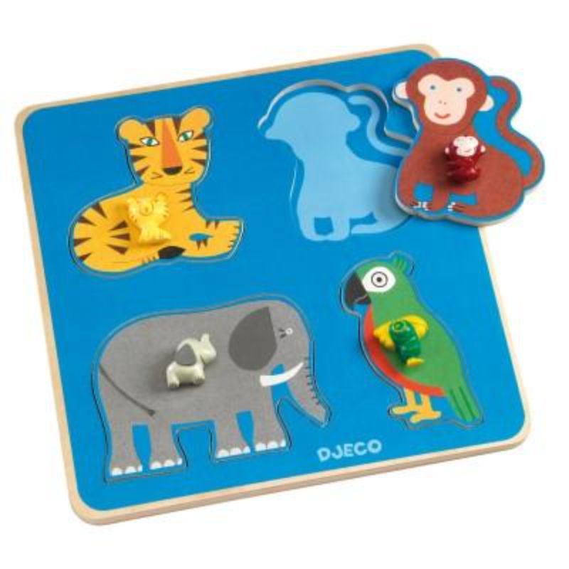 Colorful Djeco Family Jungle Puzzle featuring 36 pieces of adorable animals and vibrant jungle scenery for kids age 4+.