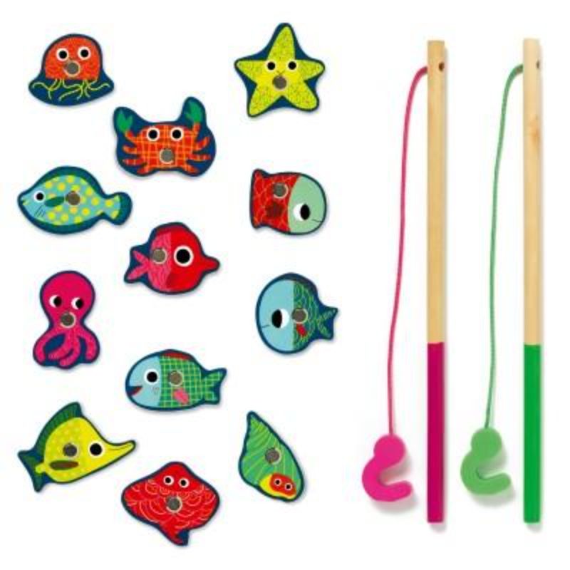 Colorful fishing game for kids enhancing motor skills and color recognition through interactive play and fun.