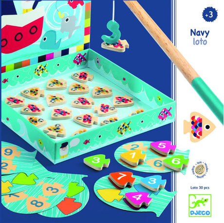 Magnetic fishing game with 24 fish, 6 bingo cards, promoting coordination and color/number recognition for ages 3+.