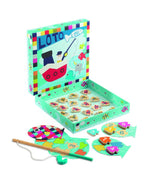 Colorful Djeco Navy Loto Game featuring 24 fish, 6 bingo cards, and a magnetic rod for engaging educational play.