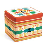 Colorful Djeco Teepee Toy Box with sturdy wooden construction, ideal for organizing toys and serving as a child seat.
