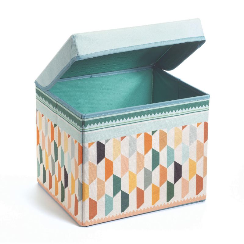 Colorful oriental-style toy box by Djeco, crafted from solid wood, serving as storage and child seat up to 30 kg.