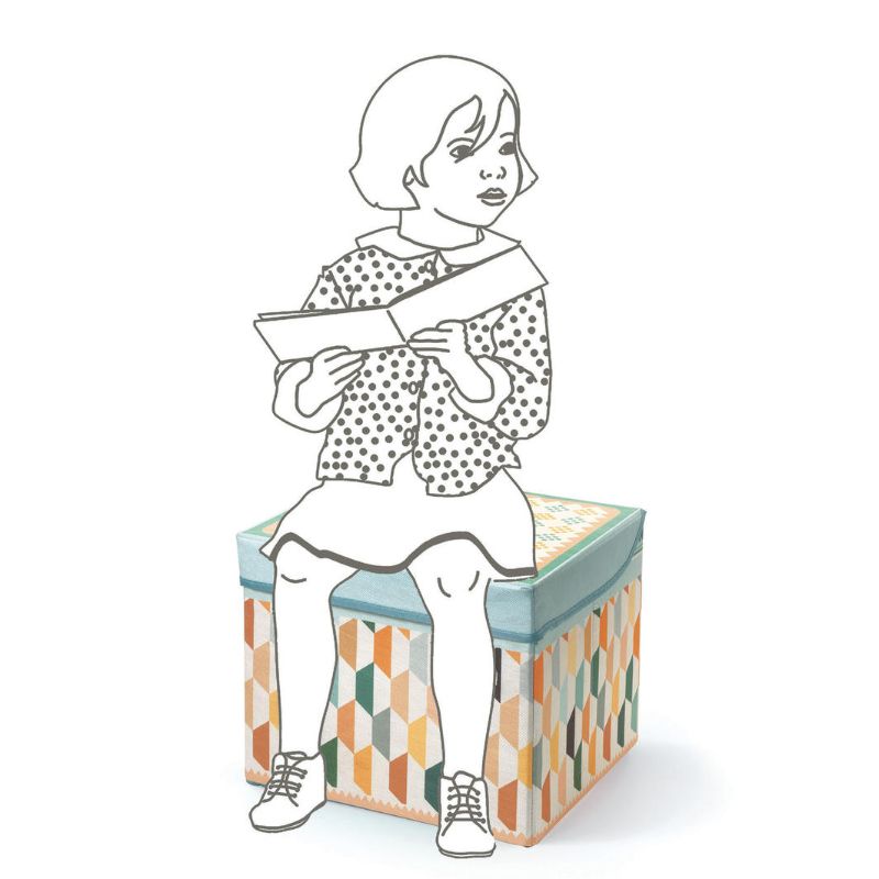 Colorful Djeco Toy Boxes - Orient, a sturdy wooden storage solution that doubles as a cozy child seat, perfect for organizing play areas.
