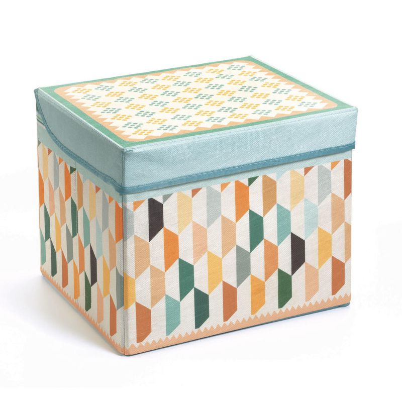 Colorful Djeco Toy Box - Orient featuring intricate designs, durable wood, and dual function as storage and child seat.