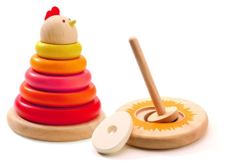 Colorful wooden stacking game featuring a mother hen and chicks, designed to enhance motor skills and cognitive development for toddlers.
