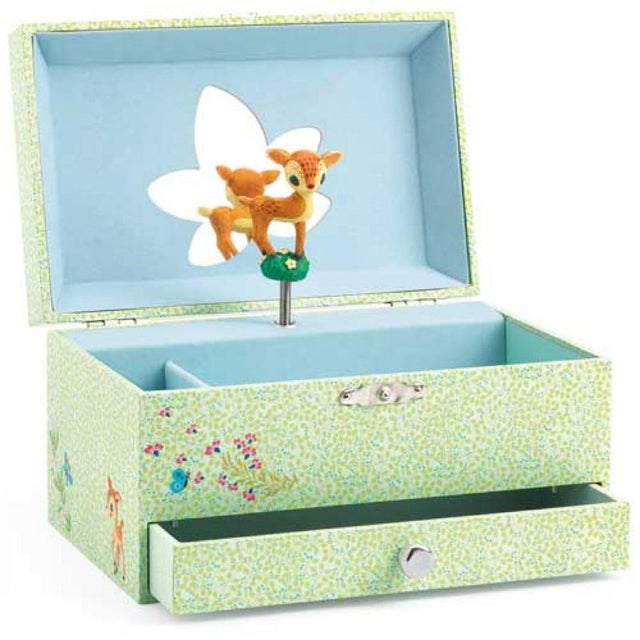 Djeco Music Box featuring a spinning fawn, plays 'Tales of the Vienna Woods', and has a hidden drawer for treasures.