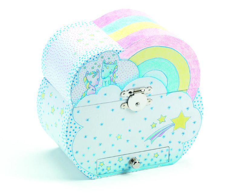 Musical box featuring a twirling unicorn, a drawer for keepsakes, and enchanting melodies to inspire imagination.