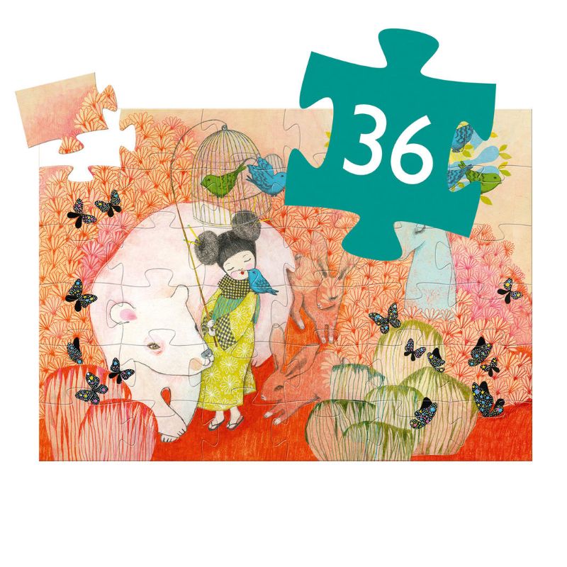 Colorful Kokeishi dolls adorn this 36-piece Djeco puzzle, designed to enhance fine motor skills and cognitive development in kids.