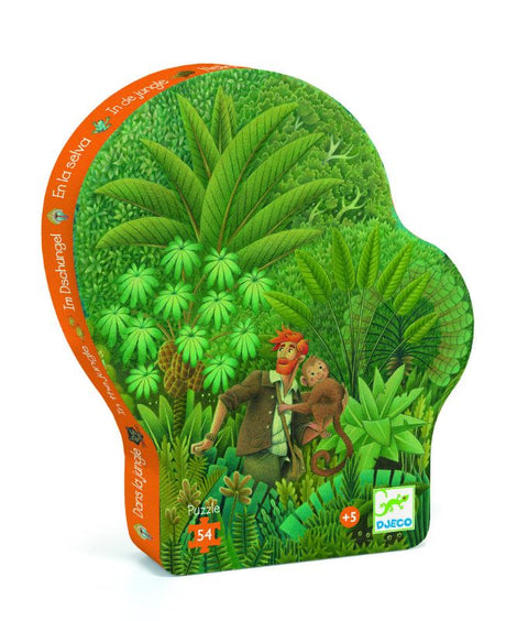 Colorful jungle puzzle featuring an explorer and monkey, designed for ages 5+, measuring 40 x 37 cm when assembled.