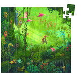 Colorful 54-piece jungle puzzle featuring an explorer and monkey among vivid animals and lush greenery for kids aged 5+.