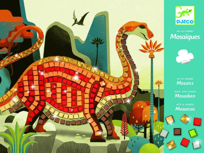 Colorful Djeco Mosaics Kit featuring dinosaurs, with self-adhesive foam squares for creative, sparkly art projects.