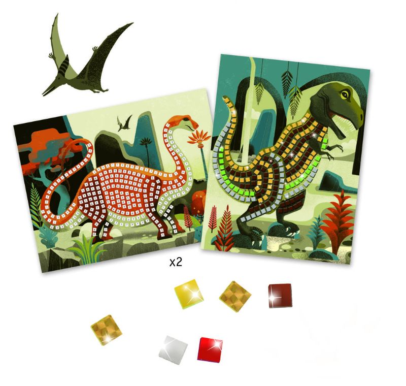 Colorful Djeco Mosaics Kit featuring dinosaurs, with self-adhesive foam squares for creative, sparkly art projects.