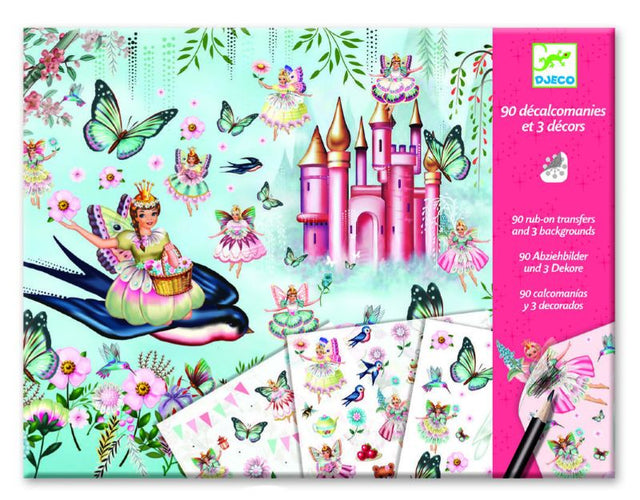 Activity Set - In Fairyland by Djeco featuring vibrant pencils, whimsical stickers, and enchanting templates for creative play.