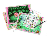 Colorful Djeco Activity Set - In Fairyland for kids, featuring pencils, stickers, and templates for creative play and storytelling.