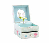 Adorable Djeco music box featuring a rabbit twirling to catch a butterfly, perfect for decor and small treasures.