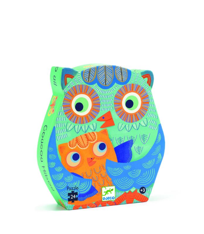 Colorful 24-piece Djeco puzzle featuring charming owls in a vibrant nature scene for toddlers' cognitive development.