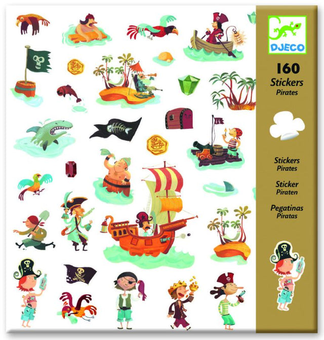 Colorful pirate-themed sticker set by Djeco, featuring 640 high-quality stickers for creative projects and adventures.