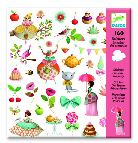 Colorful Princess Tea Party stickers featuring princesses, tea sets, and woodland creatures for creative fun and decor.