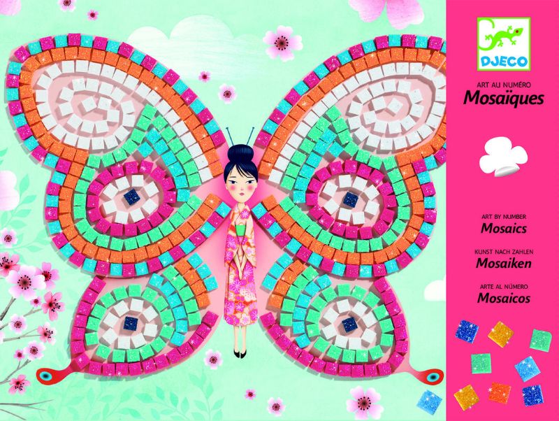 Colorful Djeco Mosaics Kit featuring two butterfly templates for kids aged 4-8, using self-adhesive foam tiles for fun art.