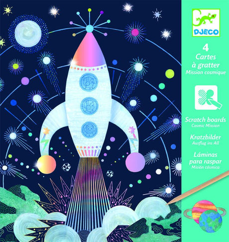 Cosmic Mission Scratch Art Kit by Djeco showcasing colorful cosmic designs for kids to reveal through scratch art.