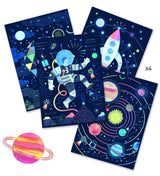 Colorful cosmic designs await discovery in the Djeco Scratch Art Kit for creative kids aged 3 and up.