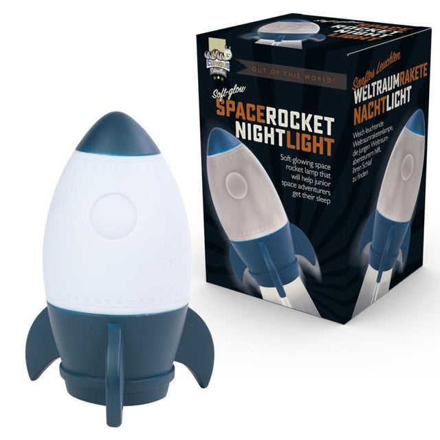 Rocket-shaped night light providing a soft glow, perfect for bedtime and sparking children's imagination.