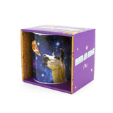 Whimsical ceramic mug featuring a llama floating in space, perfect for coffee lovers and space enthusiasts.