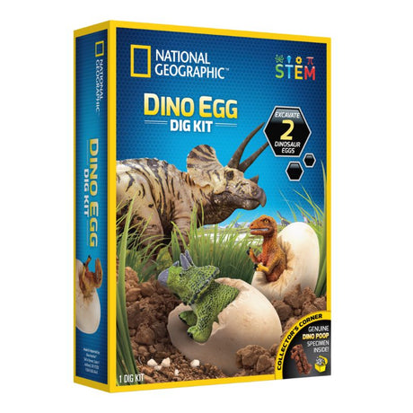 Engaging Dino Egg Dig Kit featuring egg-shaped excavation bricks, tools, and dinosaur figures for young paleontologists.