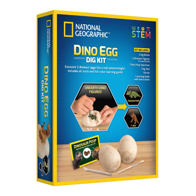 Dino Egg Dig Kit featuring egg-shaped dig bricks, excavation tools, and real coprolite fossil for interactive dinosaur exploration.