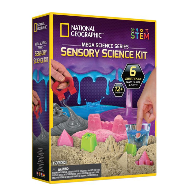 "Colorful sensory science kit featuring sand molds, hydrophobic sand, slimes, and color-changing putty for fun experiments."