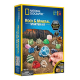 Rock + Mineral Starter Kit by National Geographic featuring 15 unique specimens, magnifying glass, and identification guide.