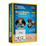 Rock + Mineral Starter Kit featuring 15 specimens, magnifying glass, storage case, and identification guide for geology enthusiasts.