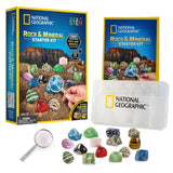 Rock + Mineral Starter Kit from National Geographic featuring 15 unique geological specimens and a magnifying glass for exploration.