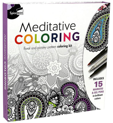 Premium adult coloring set with 15 vibrant pens, 50 calming sheets for mindfulness and relaxation by Spice Box.