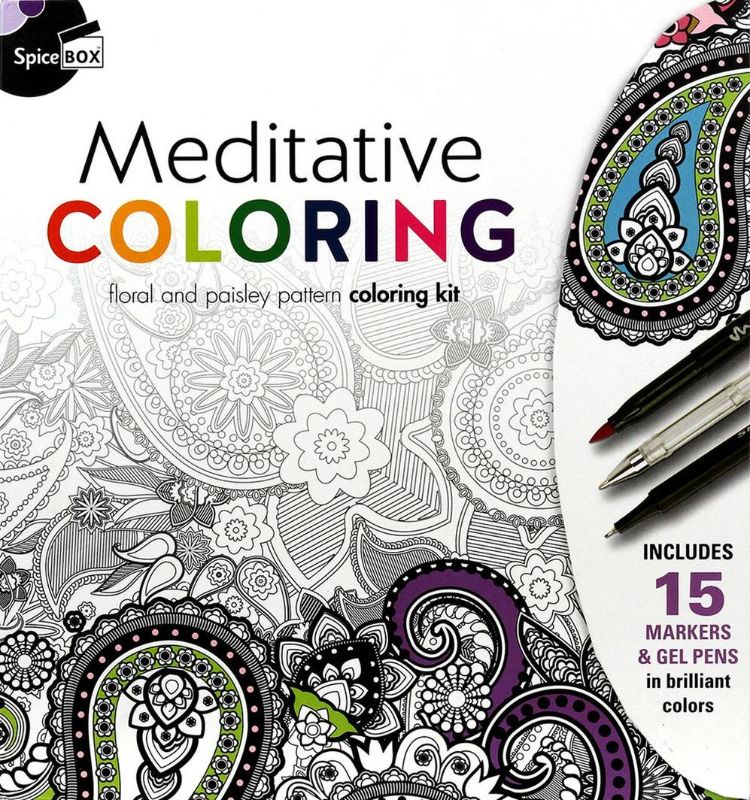 Adult coloring set by Spice Box featuring 15 vibrant pens and 50 calming sheets for mindfulness and creative expression.