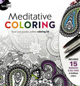 Adult coloring set by Spice Box featuring 15 vibrant pens and 50 calming sheets for mindfulness and creative expression.