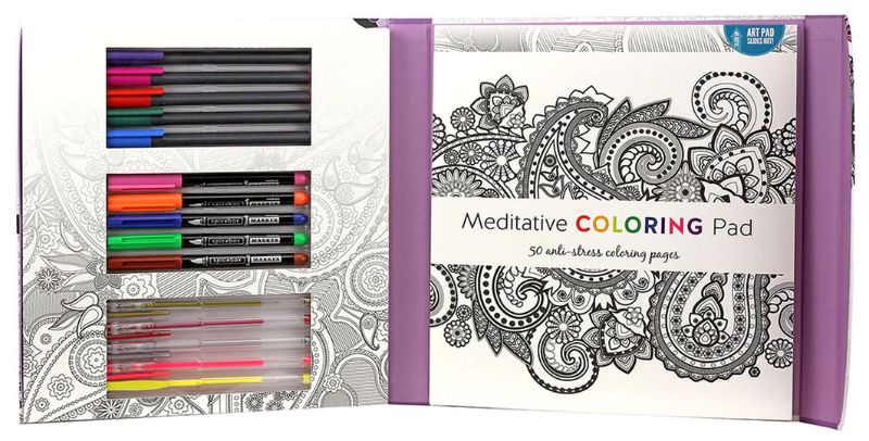 Premium adult coloring set with 15 vibrant pens and 50 calming sheets for mindfulness and relaxation by Spice Box.